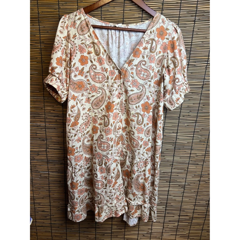 Oak Meadow Paisley Floral Linen Cotton Mini Dress Peach Tan Boho Tiered V-Neck